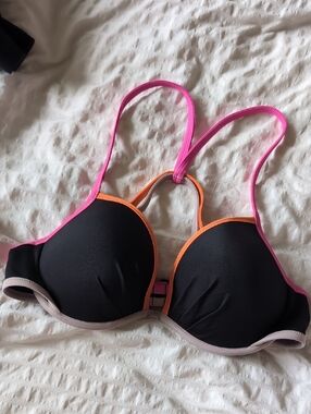 Victoria's Secret Black Push-Up Bikini Top with Pink Straps & Orange Trim 36C
